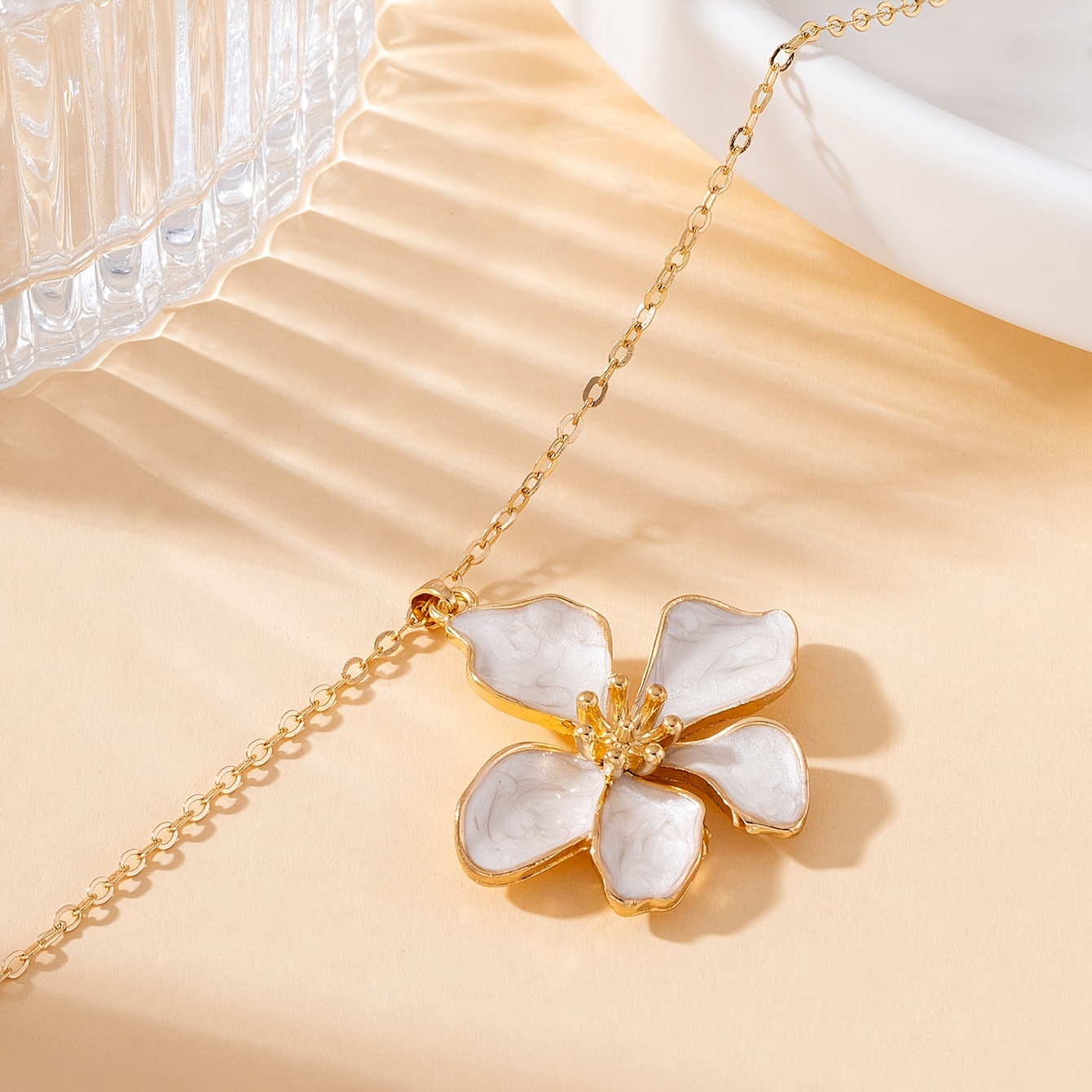 Handmade White, Pink, and Orange Enamel Five-Petal Flower Necklace